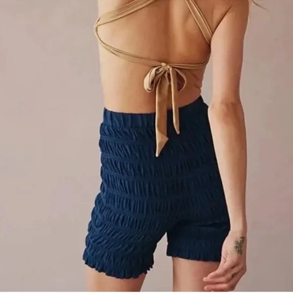 Free people Beach Jude Biker Tiered Ruched Pull On Shorts Linen Blue XS NWOT - Picture 4 of 4
